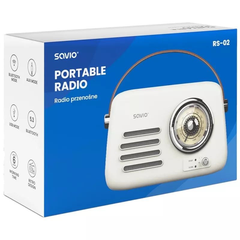 Tragbares Radio SAVIO RS-02 — analoger FM-Tuner, Bluetooth 5.3, USB-Stromversorgung, 3 W, weiß