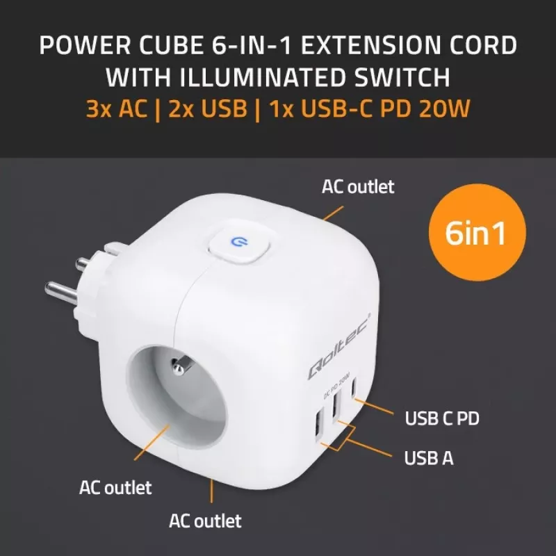 Steckdosenleiste QOLTEC 52548 mit 3× AC-Steckdosen und USB-Anschluss