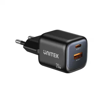 Wandladegerät Unitek P1128ABK01-EU – 2-Port GaN USB‑C & USB‑A, insgesamt 20W, schwarz