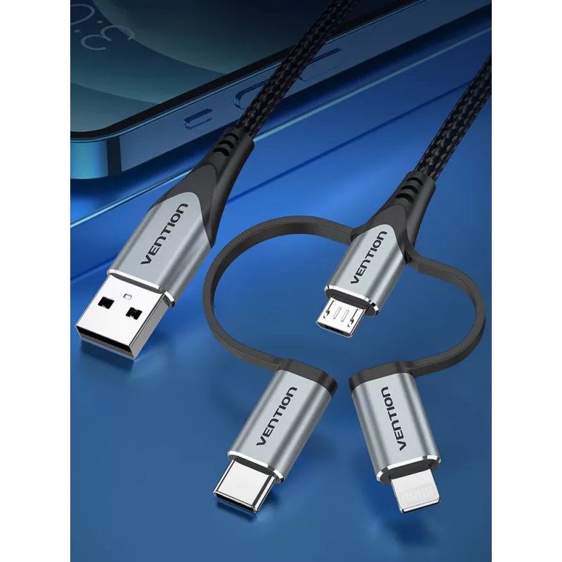 Vention USB 2.0 A Stecker auf 3-in-1 Micro-B&USB-C&Lightning Stecker Kabel 1M Grau Aluminiumlegierung