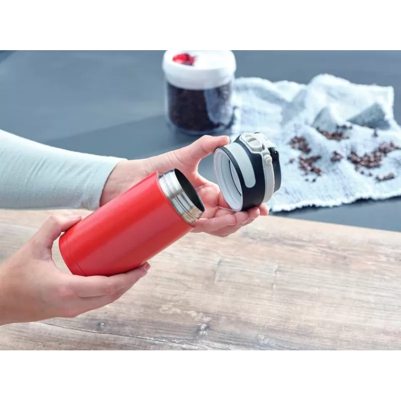 Thermobecher Leifheit 03245 Edelstahl 350 ml, doppelwandig, auslaufsicher, Klappdeckel, schwarz/rot