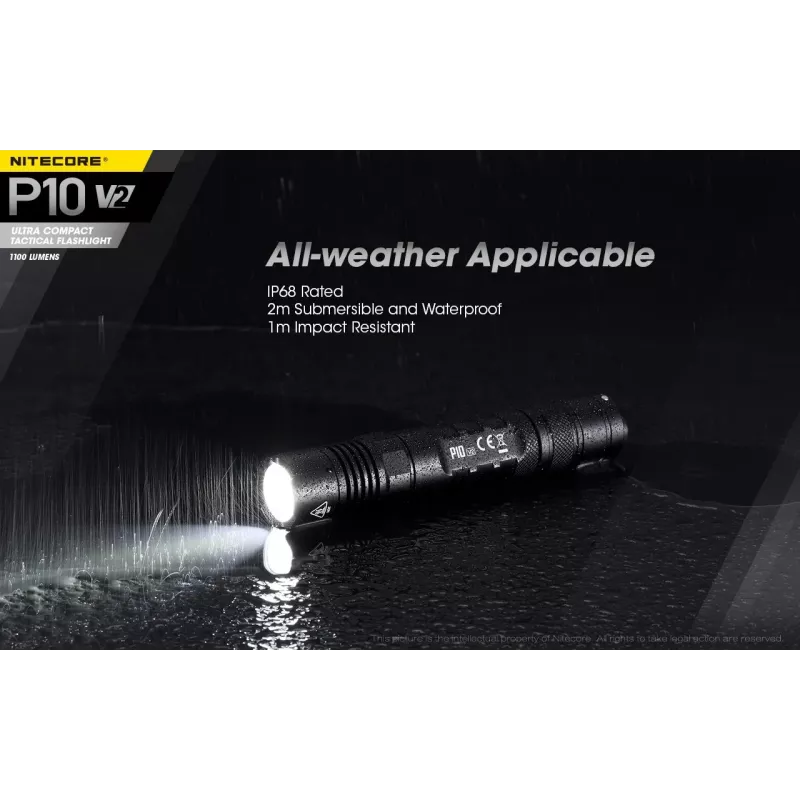 Taktische Taschenlampe Nitecore P10 V2 — 1000 lm, IP68 wasserdicht, stoßfest, 95 g, 18650/CR123 kompatibel