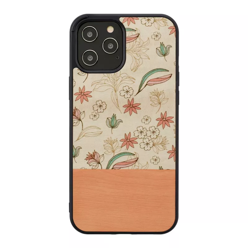 Schutzhülle Man and Wood für iPhone 12 / 12 Pro – rosa Blume auf Schwarz