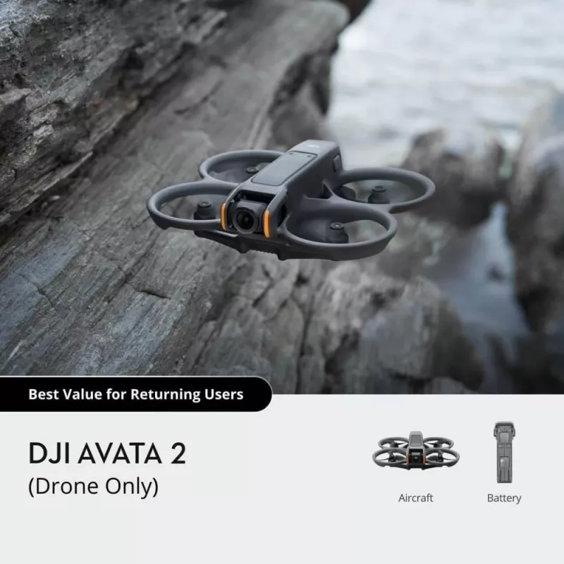 Drone DJI Avata 2 — maximale Reichweite 13.000 m, maximale Geschwindigkeit 27 m/s, 4 Rotoren, Schwarz (ohne Brille oder Fernsteuerung)
