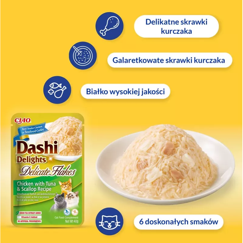 Nassfutter-Leckerli INABA Dashi Delights Delicate Flakes Huhn 40 g – diätetisch, 86 % Feuchtigkeit, 12 % Protein