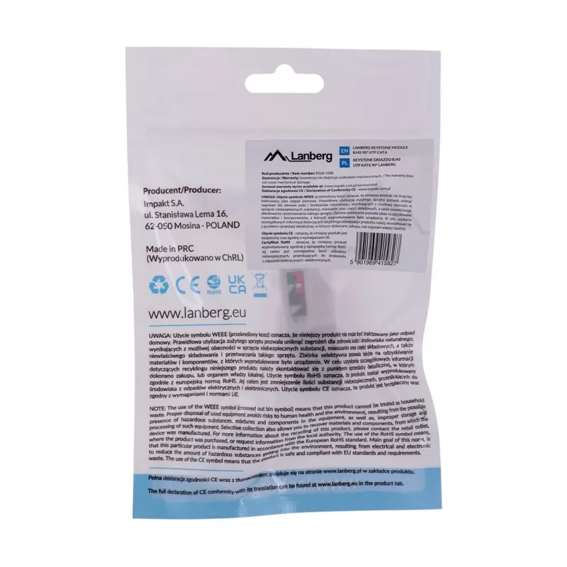 Keystone-Modul LANBERG KSU6-1090, Cat6 U/UTP flach, RJ-45 Stecker auf LSA-Buchse, AWG 22/26, 14.5×16.1 mm, weiß