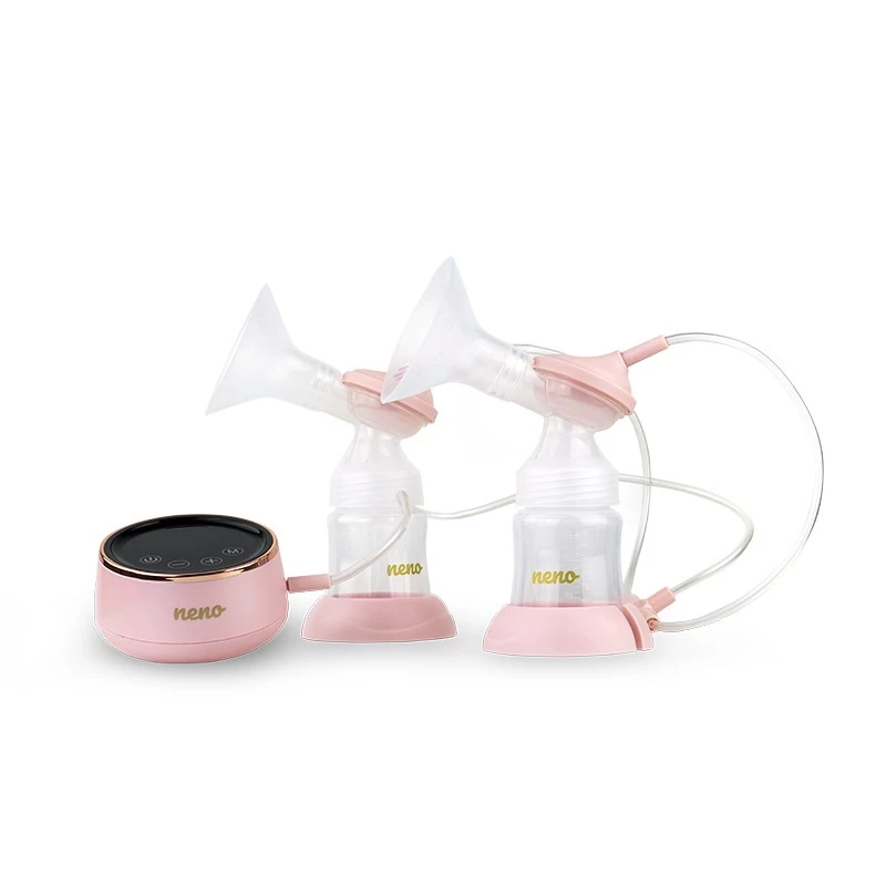 Elektrische Milchpumpe neno Bella Twin – elektronisch, 150 ml Flaschen, 6 Stimulations- / 9 Saugstufen, USB Li‑Ionen‑Akku, rosa/transparent