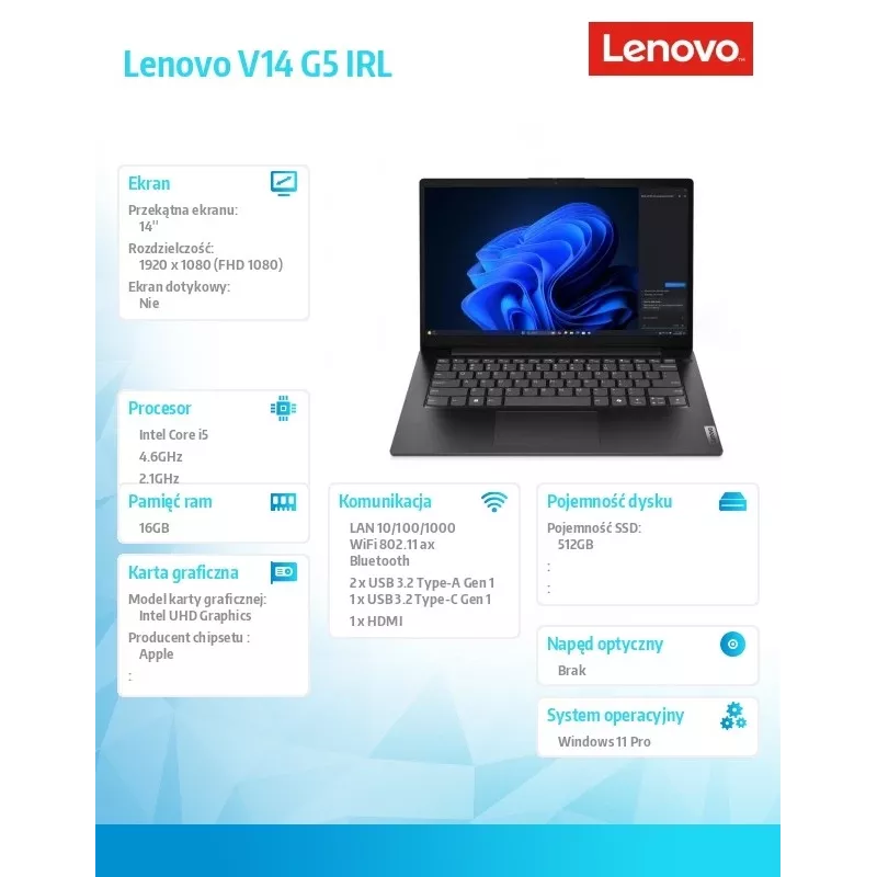 Laptop Lenovo V14 G5 83GU008FPB — Intel i5-13420H, 16GB RAM, 512GB SSD, 14,0 Zoll FHD, Windows 11 Pro, Business Schwarz, 3 Jahre OS+1 Jahr CI