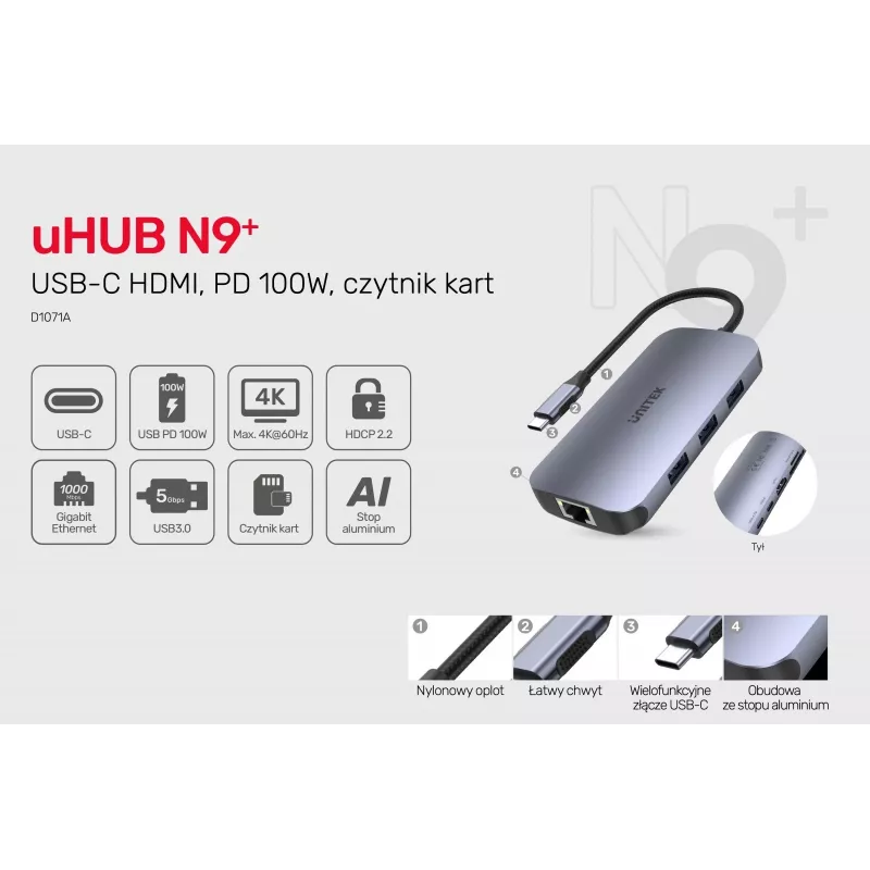UNITEK D1071A Interface Hub USB 3.0 SuperSpeed 5 Gb/s Silber