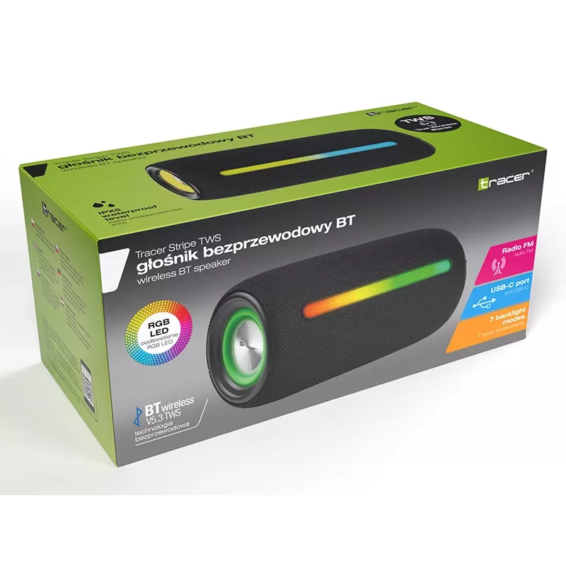 Tragbarer Stereo-Lautsprecher TRACER Stripe Schwarz — 10 W RMS, Bluetooth/kabelgebunden, USB-A & USB-C, MicroSD, integrierter Akku (bis zu 5 h)
