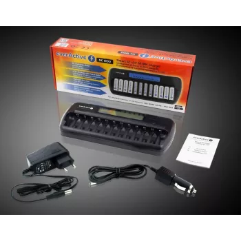 Batterieladegerät everActive NC-1200 – universelles 12-fach-Ladegerät für AA/AAA, 12 V Eingang, schwarz