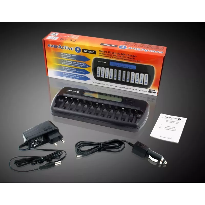 Batterieladegerät everActive NC-1200 – universelles 12-fach-Ladegerät für AA/AAA, 12 V Eingang, schwarz