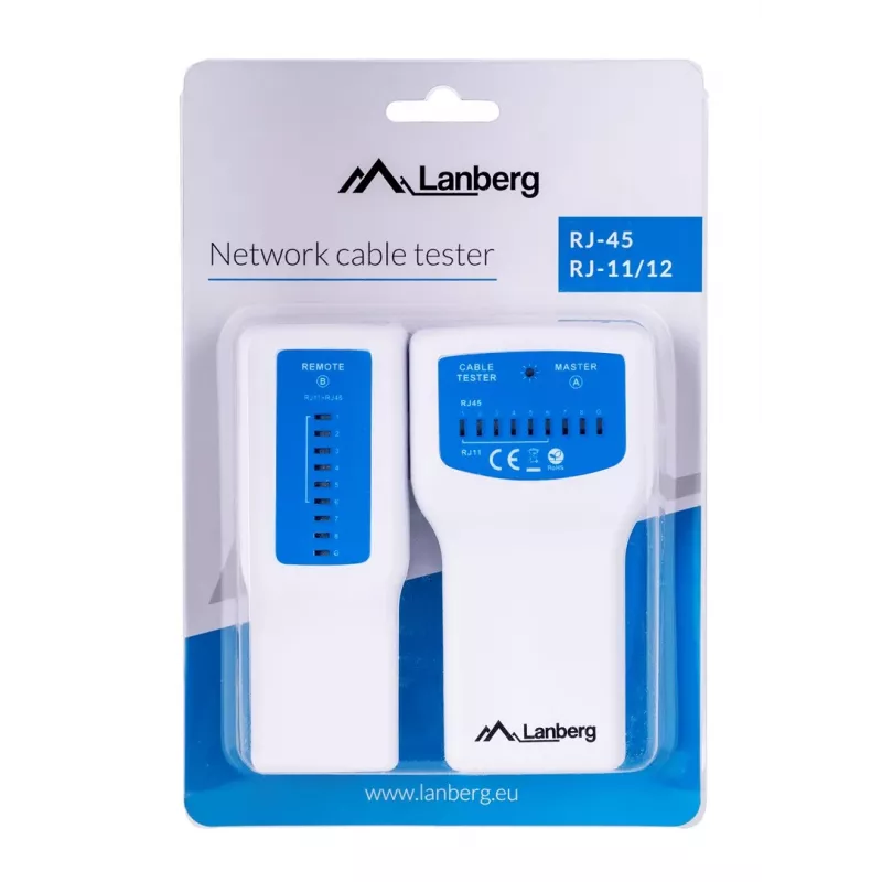 PoE-Tester LANBERG NT-0402 — PoE-Netzwerkkabeltester mit RJ-45/RJ-11-Unterstützung, LED-Anzeigen, Betriebs-LED, Ein-/Ausschalter
