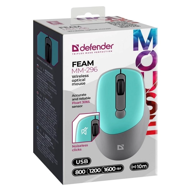 Kabellose Maus DEFENDER Silent Click C Mint 52294 — beidhändig, 1600 DPI, 2,4 GHz Nano-USB