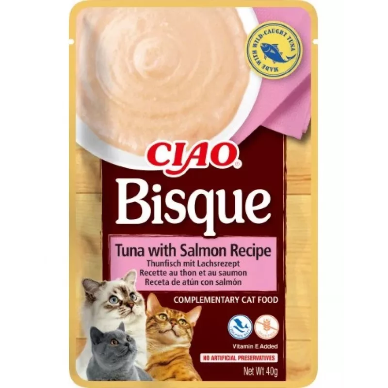 Nasses Katzenleckerli INABA Ciao Bisque Thunfisch mit Lachs 40 g — flüssiges Sachet mit Fischgeschmack, 86 % Feuchtigkeit, 8 % Protein