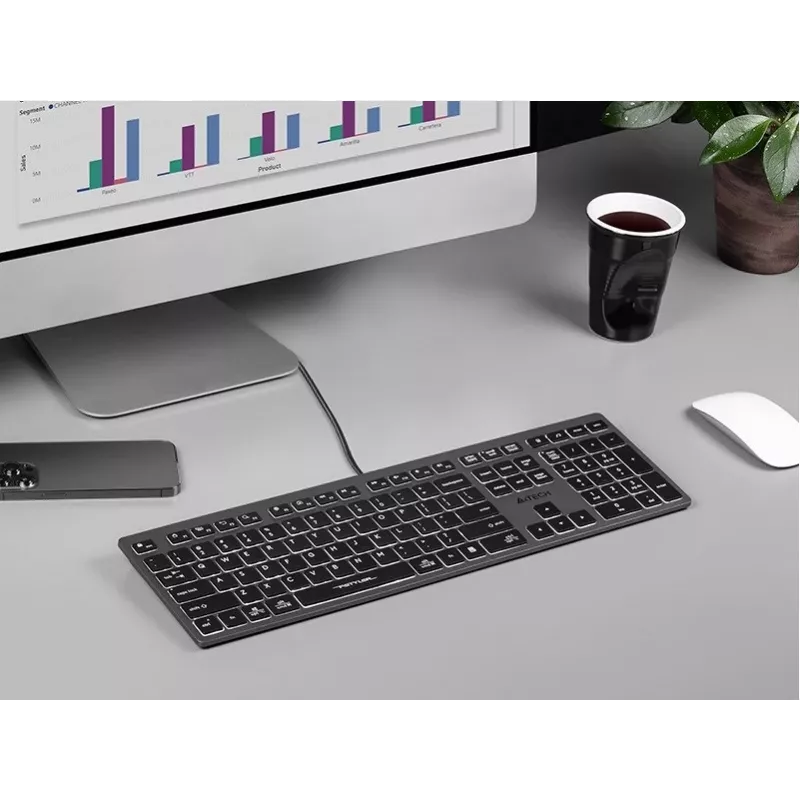 Kabelgebundene A4Tech-Tastatur FX60H USB QWERTY – Full-Size 100%, hintergrundbeleuchtet weiß, grau, USB-Hub