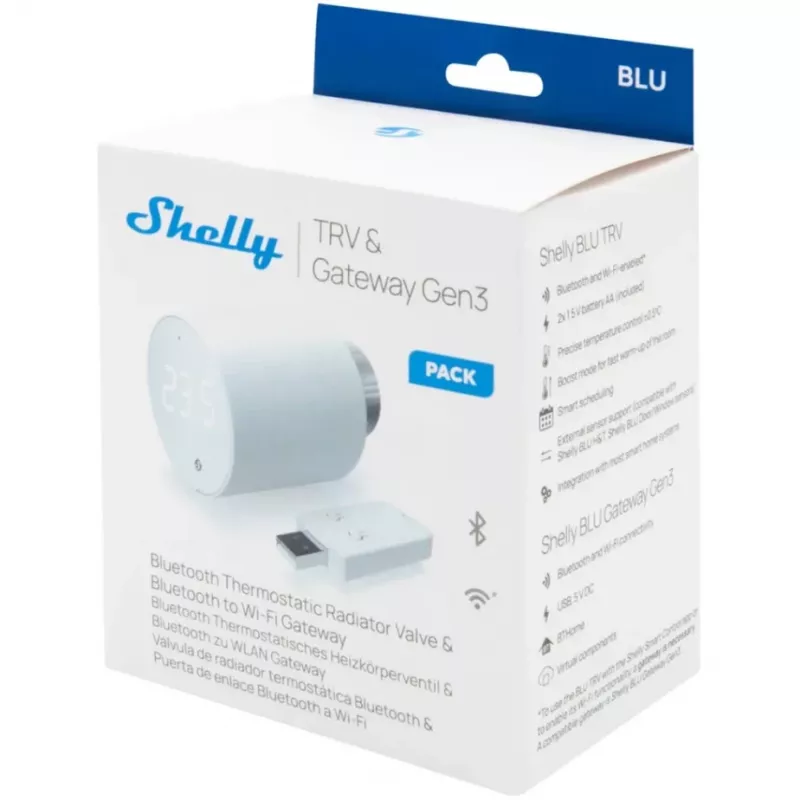 Thermostatisches Heizkörperventil-Set Shelly Heating Control BLU TRV + BLU Gateway Gen. 3 — M30×1,5, Wi‑Fi, AA-Batterien, 78 mm Höhe