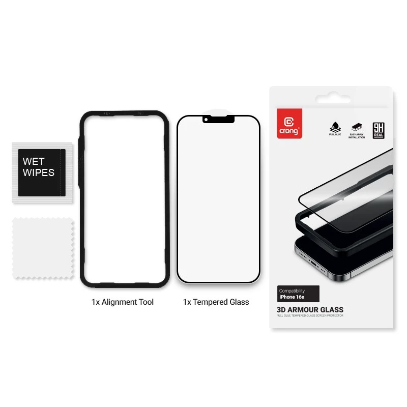 Gehärtetes Glas Displayschutz Crong für iPhone 16e / 14 / 13 / 13 Pro — 3D-Vollabdeckung