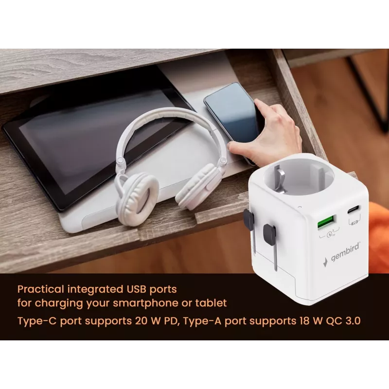 Reise-Netzteil GEMBIRD TPA-EU1A1C20-01-W 20W, USB-A 18W + USB-C 20W, Schuko-Steckdose, Eingang 100–250 V