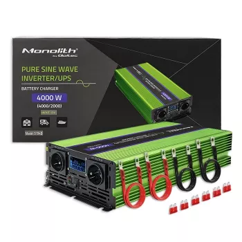 Qoltec Monolith Spannungswandler | Batterieladung | USV | 2000W | 4000W | 12V auf 230V | Reine Sinuswelle | LCD schwarz-grün