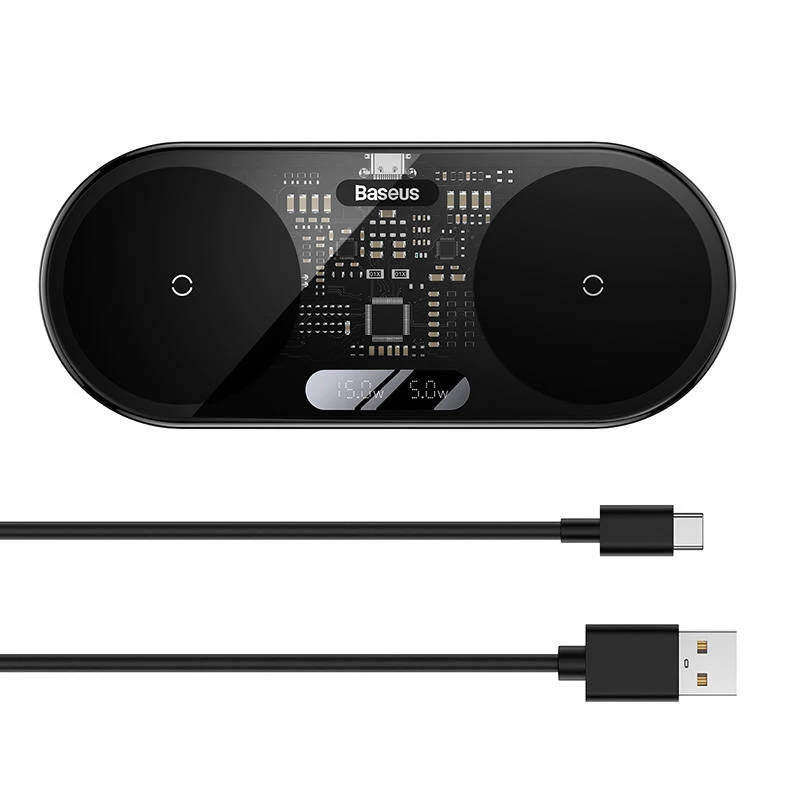Baseus 2In1 20W Digital Led Display Headphones Schwarz Wireless Charging