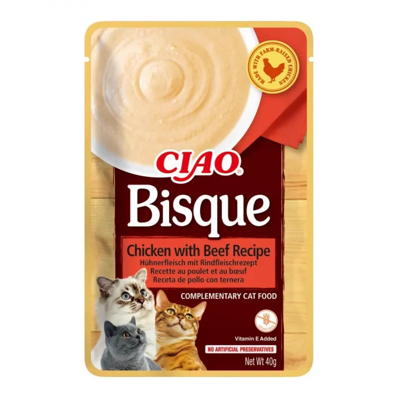 INABA Ciao Bisque Cremesuppe Katzensnacks mit Huhn, Rind und Fisch, 24 x 40 g
