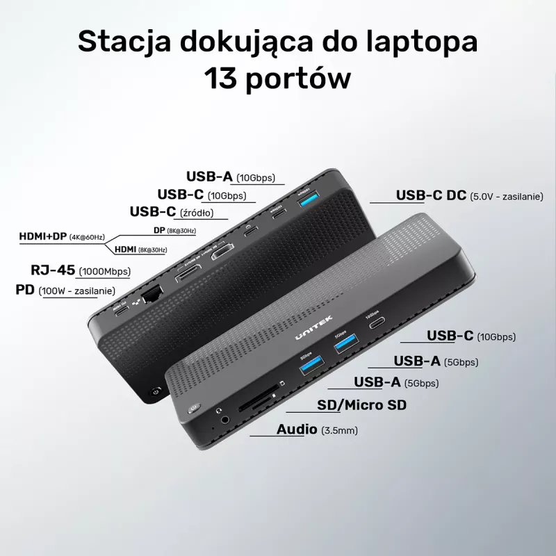 Dockingstation UNITEK D1079A USB4 kabelgebunden Schwarz 100W Power Delivery