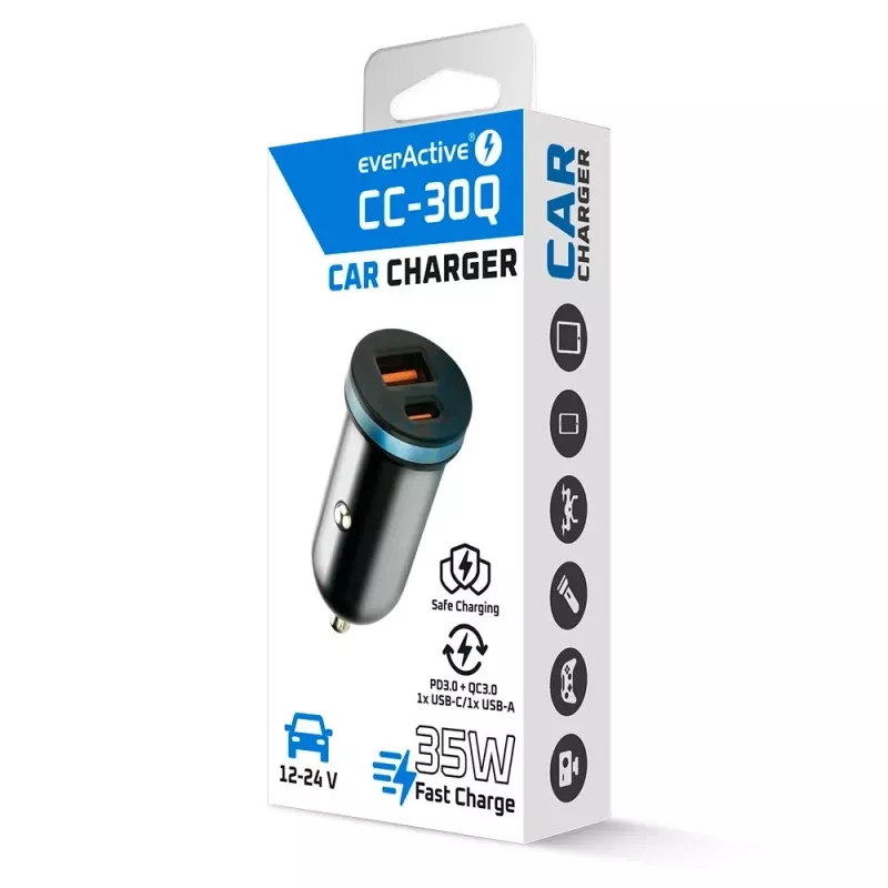 Kfz-Ladegerät everActive CC-30Q QC3.0 35W – 1x USB-A, 1x USB-C, Schnellladung