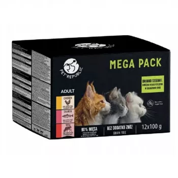 Nassfutterbeutel für Katzen PetRepublic 12x100g — Huhn, Lachs, Kalb