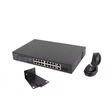 Unmanaged Switch LANBERG RSFE-16P-2C-150 — 18-Port Gigabit, 16 PoE+/2 SFP, 150 W gesamt, 1U Rack, Metall, Schwarz
