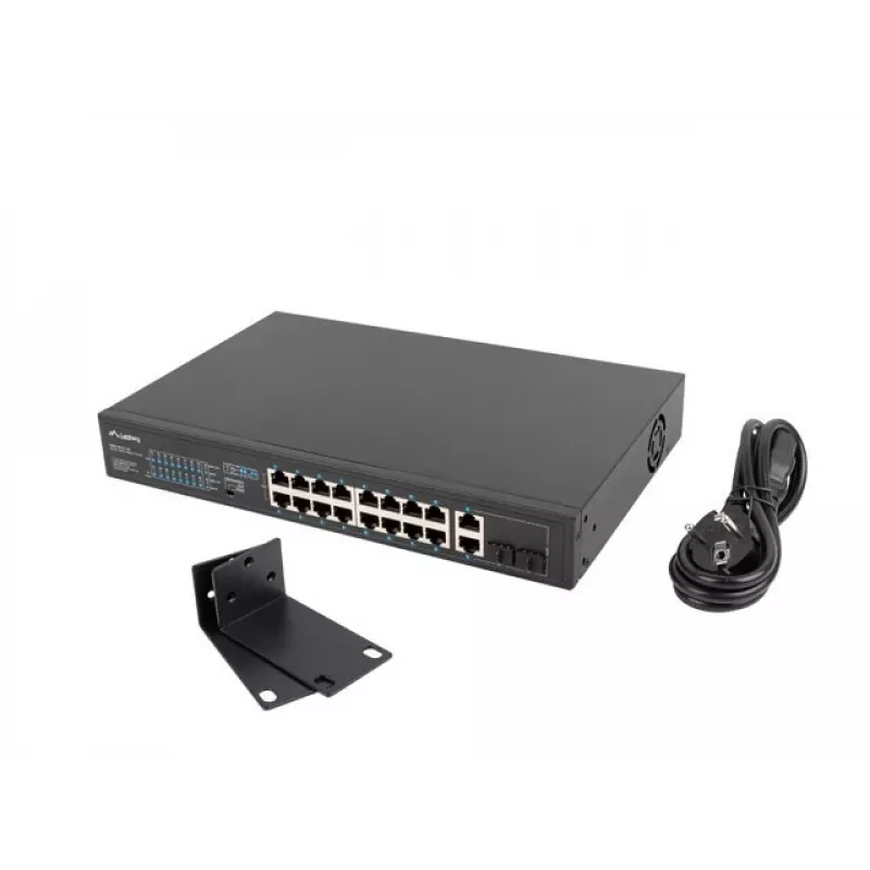 Unmanaged Switch LANBERG RSFE-16P-2C-150 — 18-Port Gigabit, 16 PoE+/2 SFP, 150 W gesamt, 1U Rack, Metall, Schwarz