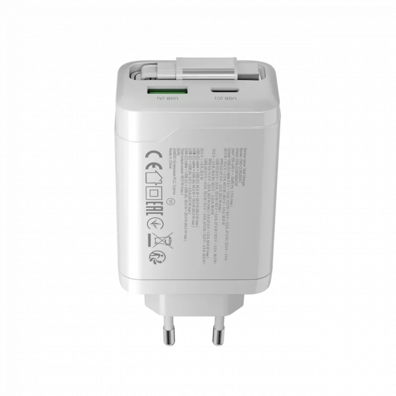 CANYON Ladegerät OnCharge 65RC mit integriertem USB-C-Kabel 65W, 1x PD, 1x QC, EU-Stecker, Weiß