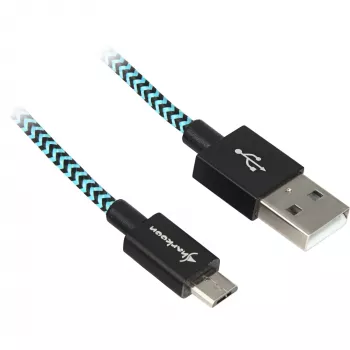 USB 2.0 Kabel, USB-A Stecker > Micro-USB Stecker (Schwarz/Hellblau, 1 Meter, ummantelt)