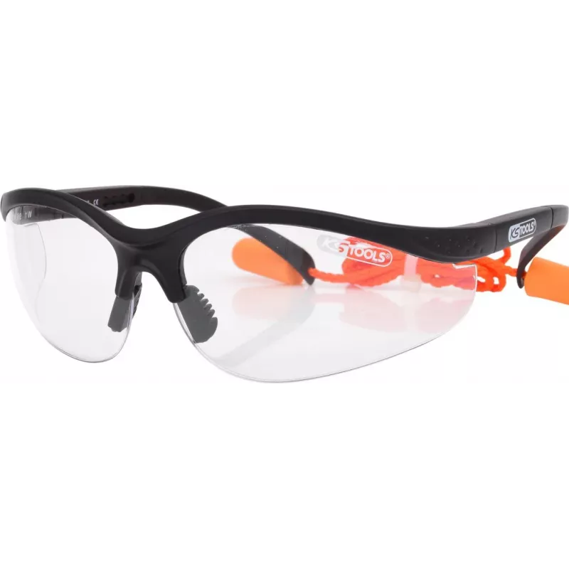 Sicherheitsbrille ks tools 310.0176 transparent mit integrierten Ohrstöpseln - Schutzbrille mit Gehörschutz