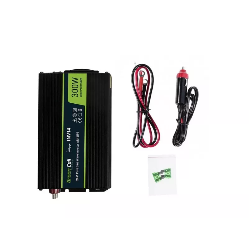 Wechselrichter Grün Cell INV14 300W DC 24V auf 230V mit USB, Typ-E-Steckdose, aktiver Kühlung