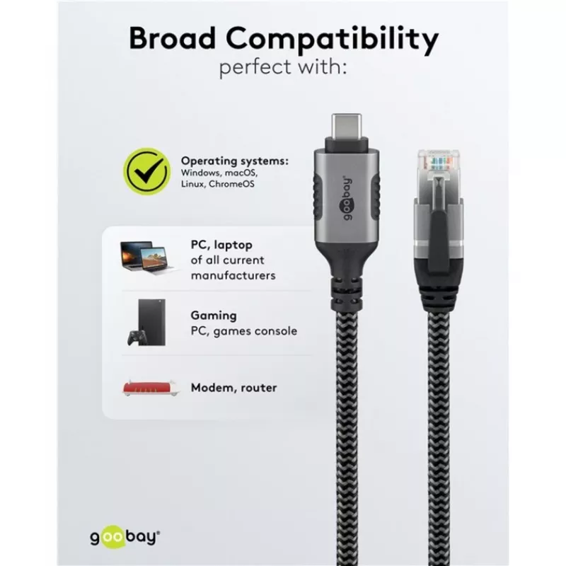 Ethernet-Kabel USB-C 3.2 Gen2 Stecker > RJ-45 Stecker (schwarz/Silber, 5 Meter, geflochtenes Textilmantel)