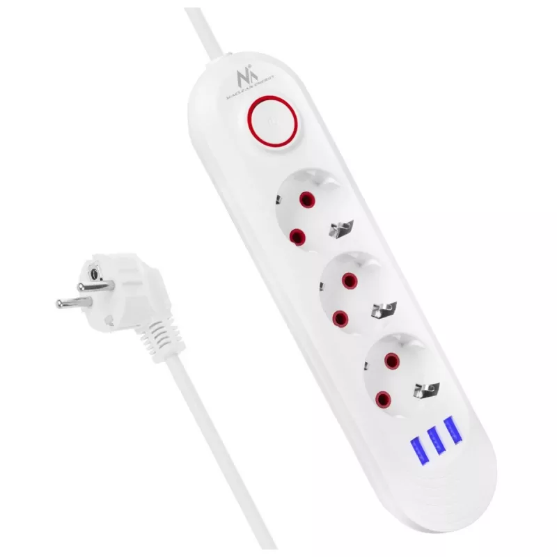 Steckdosenleiste MACLEAN MCE394W — 3 Steckdosen, 3×USB 2,1A, 110–240V AC, 2500W, 1,5 m Kabel, weiß