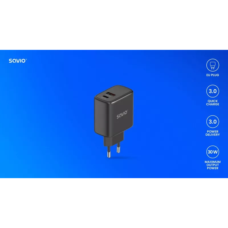 Outdoor-Ladegerät SAVIO LA-06/B USB Type-C 30W Power Delivery 1x USB-C Schwarz, 5–20V, 3A/9V, 3A/5V, 3A/12V, 2,1A