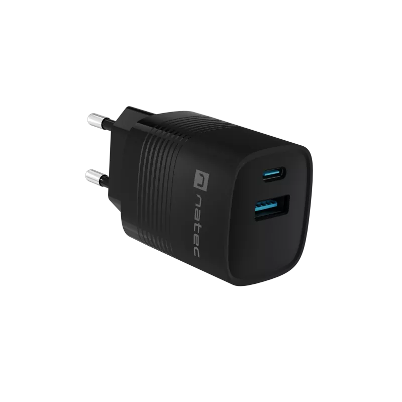 NATEC kabelgebundenes Ladegerät für Mobilgeräte NUC-2141, 30W, USB-C PD 3.0 + USB-A QC 3.0, 110–240V, schwarz