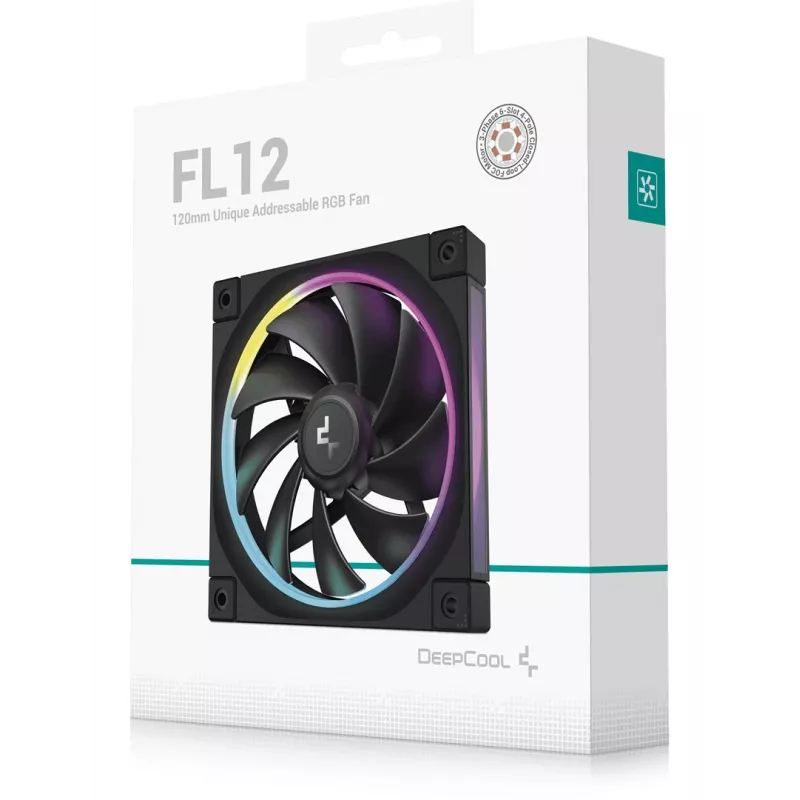 Gehäuselüfter DeepCool FL12 120 mm, PWM, 500–2150 U/min, 55 CFM, 2,82 mmH2O, FDB, Multi-LED, schwarz