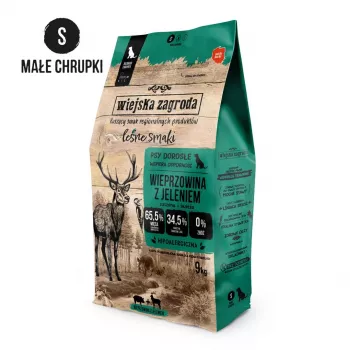 Trockenfutter für Hunde wiejskazagroda Forest Flavors Schwein mit Hirsch Crunchy S – Kleine Rassen, 9 kg, 31% Protein, 20% Fett, getreidefrei
