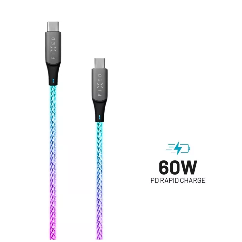 USB-C-auf-USB-C-Ladekabel FIXED FIXDLED-CC-RA mit PD-Unterstützung und fester Länge, integrierte Regenbogen-LED