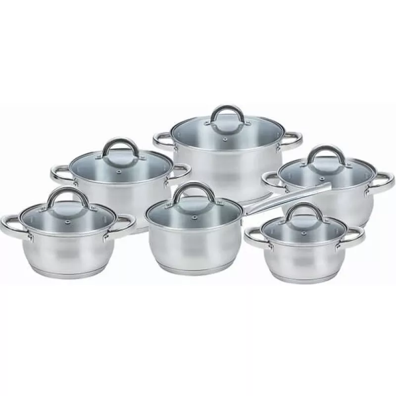 Kochtopfset Maestro MR-2120-12 — 12-teilige Edelstahl-Kollektion mit Antihaftbeschichtung, induktionsgeeignet, enthält 6 Kochtöpfe (16–24 cm) und Glasdeckel