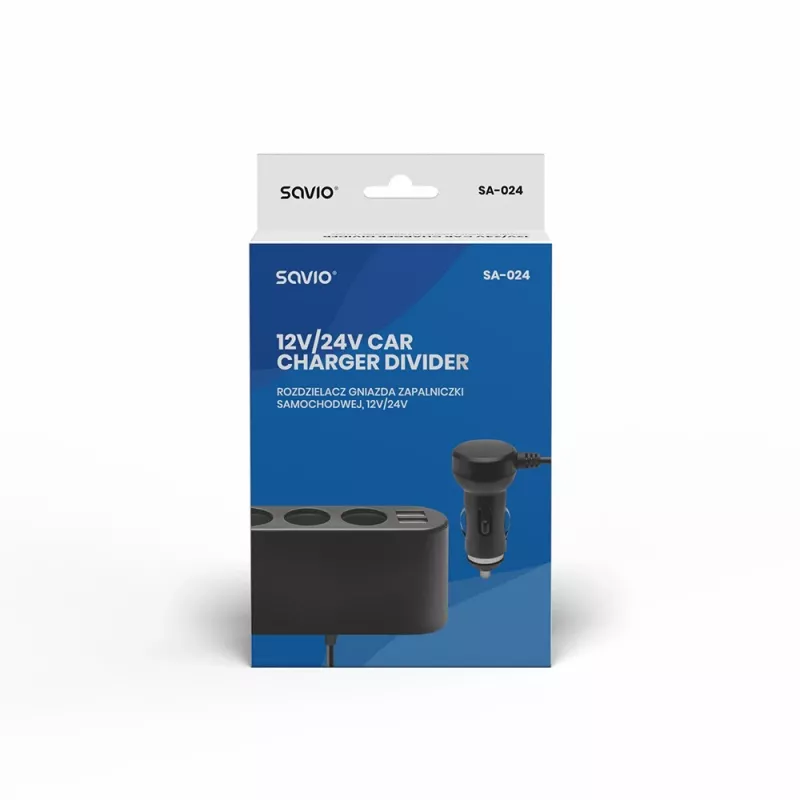 Auto-USB-Ladegerät SAVIO SA-024 — universelles Ladegerät für Mobilgeräte, Eingang 12–24 V, Ausgang 5 V, schwarz, Zigarettenanzünder