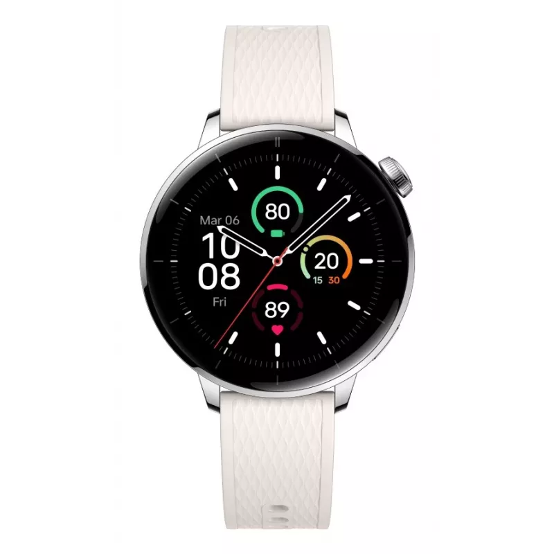 Smartwatch ONEPLUS OnePlus Watch 3 43mm, 1,32 Zoll AMOLED 466×466, Titan/Silber, Weißes Kautschukarmband, GPS, Wi‑Fi