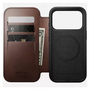 Handyhülle Nomad Modern Leather Folio für iPhone 17 Pro, Leder/Aluminium, 16 cm (6,3 Zoll) braun, 4 Kartenfächer