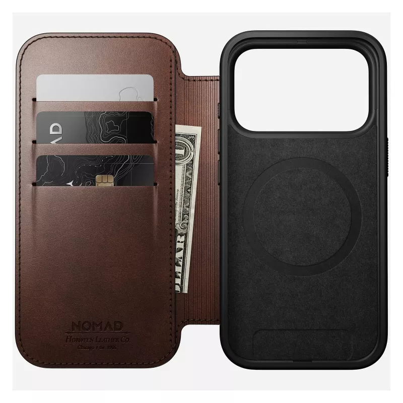 Handyhülle Nomad Modern Leather Folio für iPhone 17 Pro, Leder/Aluminium, 16 cm (6,3 Zoll) braun, 4 Kartenfächer