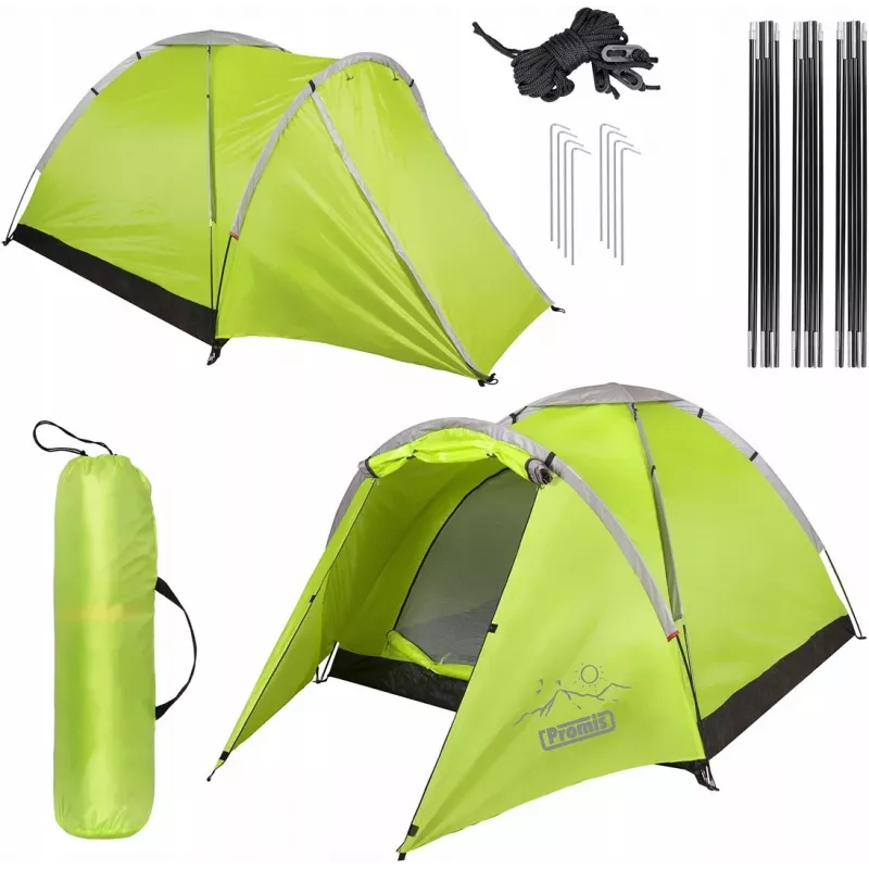 Zelt PROMIS NT80 — 3-Personen-Campingzelt mit Vorzelt und Moskitonetz, Grundfläche 2x2 m