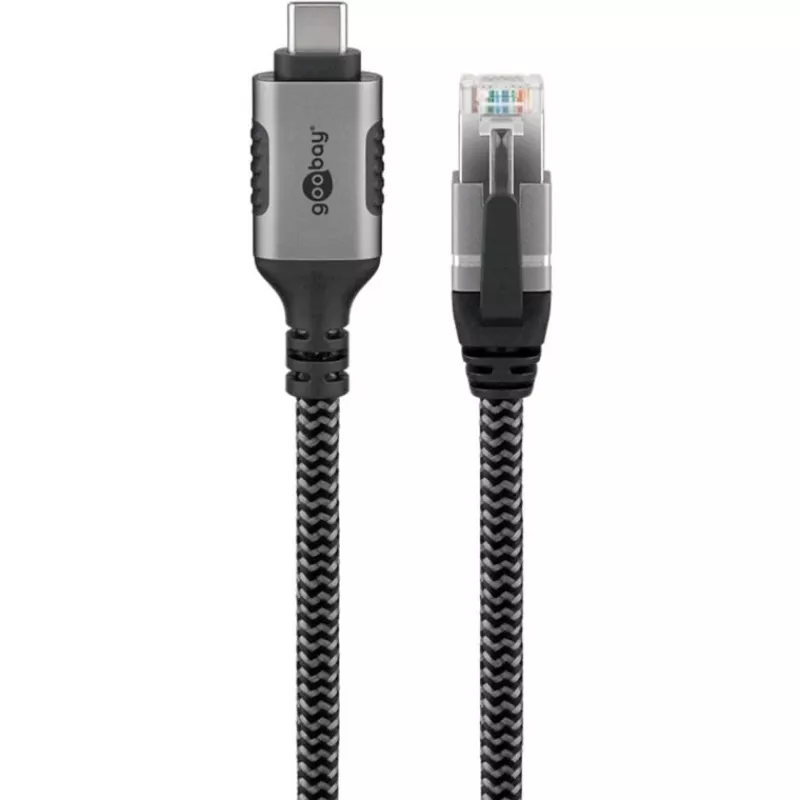 Ethernet-Kabel USB-C 3.2 Gen2 Stecker > RJ-45 Stecker, LAN-Adapter schwarz/Silber, 1,5 Meter, geflochtene Textilummantelung