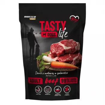 Nassfutter für Hunde BIOFEED Tasty Life Rind 90% 500 g Beutel, Alleinfuttermittel für ausgewachsene Hunde, Protein 12%, Fett 6,5%, Feuchtigkeit 79%
